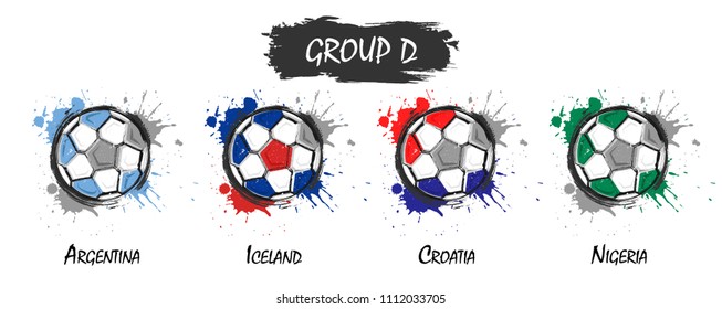 Set of national football team group D . Realistic watercolor art paint with stained splash color . Flat design . Vector for international world championship tournament cup 2018 .