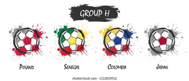 Set of national football team group H . Realistic watercolor art paint with stained splash color . Flat design . Vector for international world championship tournament cup 2018 .