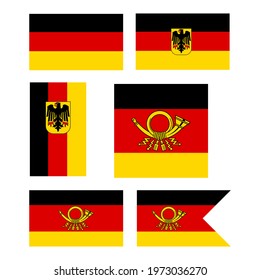 Set of national German flags of various shapes and purposes. Vector illustration isolated on white. Design elements, signs, symbols.