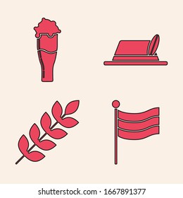 Set National Germany flag, Glass of beer, Oktoberfest hat and Cereals set with rice, wheat, corn, oats, rye, barley icon. Vector