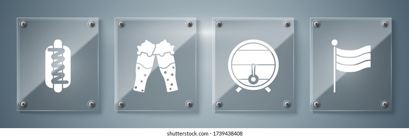 Set National Germany flag, Wooden barrel on rack with stopcock, Glass of beer and Hotdog sandwich with mustard. Square glass panels. Vector