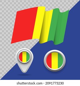 Bandera nacional de Guinea. Bandera de Guinea 3D, marcadores de mapa y emblema sobre ilustración vectorial de fondo transparente.