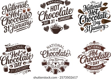 Set of National Hot Chocolate Day to celebrate on January 31st. Bold text and calligraphic text with chocolate bar pieces on beige background. Drink event banner.