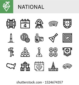 Set of national icons. Such as Fish and chips, Concertina, th of july, Russian, Accordion, Portugal, Washington monument, World pride day, Sticky rice, Balalaika , national icons