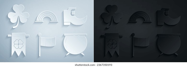 Set National Ireland flag, Tradition leprechaun boots, Four leaf clover party pennant, Witch cauldron, Rainbow and  icon. Vector