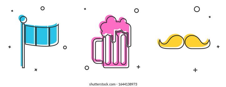 Set National Ireland flag, Wooden beer mug and Mustache icon. Vector