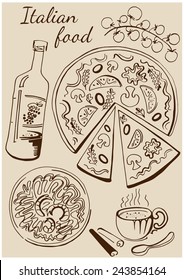 Set of national italian dishes. Pizza, pasta, wine and coffee.