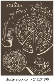 Set of national italian dishes. Pizza, pasta, wine and coffee.