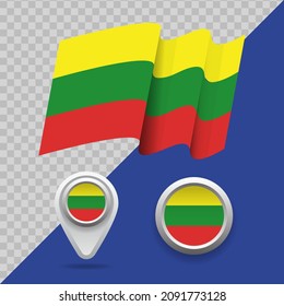 Bandera nacional de Lituania. Bandera de Lituania 3D, marcadores de mapa y emblema sobre ilustración vectorial de fondo transparente.