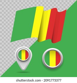 Set of national Mali flag. 3D Mali flag, map markers and emblem on transparent background vector illustration.