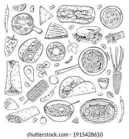 Set of national Mexican dishes. Tamale, tortilla, burrito, taco, fajitas, elote, pozole, con carne. Hand drawn outline vector sketch illustration. Black on white background