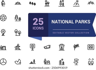 Set of national park icons. Simple line art style icons pack. Pixel perfect, minimalistic web and UI icon. Outline icon collections. Editable vector illustration.