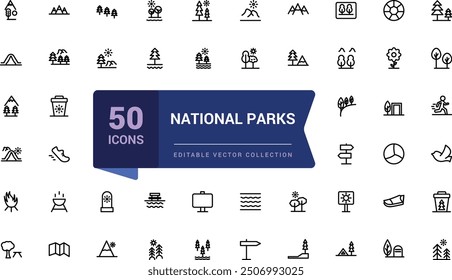 Set of national park icons. Simple line art style icons pack. Pixel perfect, minimalistic web and UI icon. Outline icon collections. Editable vector illustration.