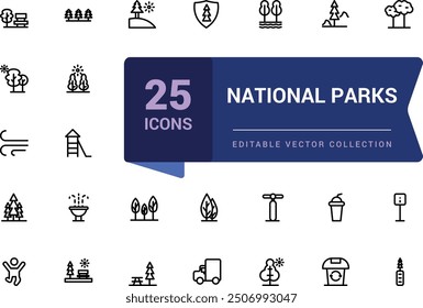 Set of national park icons. Simple line art style icons pack. Pixel perfect, minimalistic web and UI icon. Outline icon collections. Editable vector illustration.