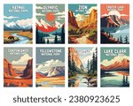 Set of National Parks Illustration Art. Katmai, Crater Lake, Yosemite, Zion, Yellowstone, Zion, Olympic, Lake Clark.
