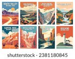 Set of National Parks Illustration Art. Cuyahoga Valley, Death Valley, Haleakala, Capitol Reef, Bryce Canyon, Black Canyon of the Gunnison, Biscayne, Big Bend.