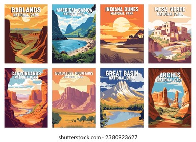 Set of National Parks Illustration Art. Badlands, Arches, American Samoa, Indiana Dunes, Canyonlands, Guadalupe Mountains, Mesa Verde, Great Basin. svg