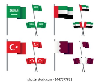 set of national pole flag icons on white background, Arab or Middle East, Asia continent, vector illustration