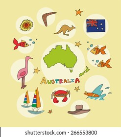The set of national profile of the australia cartoon state of the world isolated on the background. Hand drawing decorative elements of the state and simple design of the country