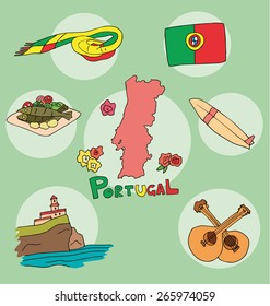 the set of  national profile of the geographic maps of the portugal state designed cartoon on the colored background