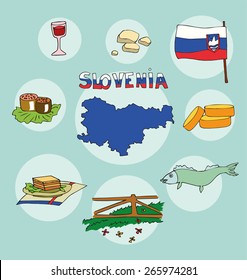 the set of  national profile of the geographic maps of the slovenia state designed cartoon on the colored background