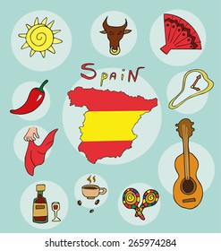 the set of  national profile of the geographic maps of the spain state designed cartoon on the colored background