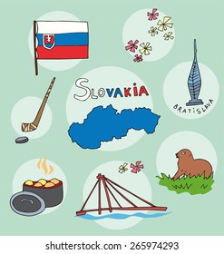 the set of  national profile of the geographic maps of the slovakia state designed cartoon on the colored background
