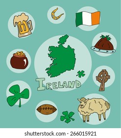 The set of national profile of the geographic maps of the Ireland state designed cartoon on the colored background