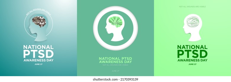 Set National PTSD Awareness Day Greeting Templates in square format  Head silhouette in gradient backgrounds  Puzzle brain  shattered glass brain  Post  traumatic stress disorder concept  Vector 