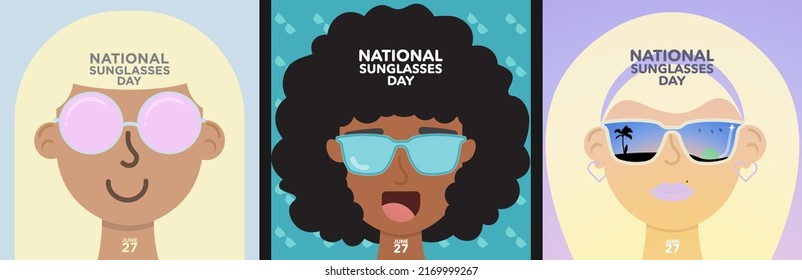 Set of National Sunglasses Day Vector Illustrations. June 27. People of different colors wearing sunglasses. Minimal design concept. Trendy sunglasses. For cards, social media, poster, designs, web. 