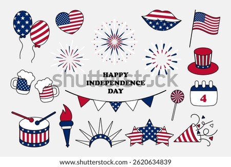 Set with national symbols of American Independence day. Cute fireworks, Uncle Sam hat, balloons, flag etc. Patriotic signs for 4th July celebration. Vector illustration