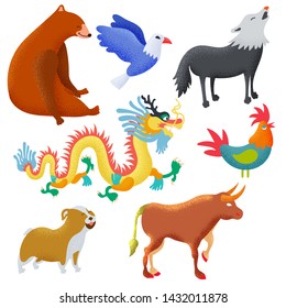 Set of national symbols of animals of the world. Symbols of animals from Russia, China, USA, Italy, UK, Spain, France. Bulldog, Chinese dragon, bear, eagle, rooster, bull, wolf. Vector eps 10.