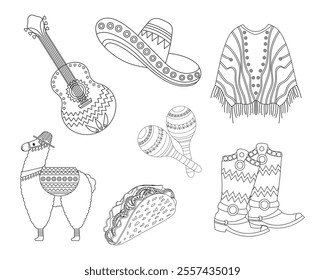 Set of national symbols of Mexico. Sombrero, guitar, maracas, cowboy boots, taco. Illustration, sketch for coloring book