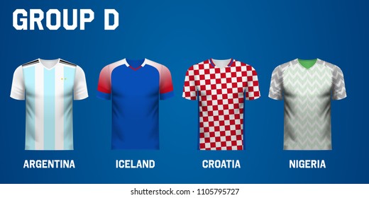 Set of national team jersey shirts for group D in a football tournament