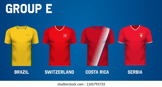 Set of national team jersey shirts for group E in a football tournament