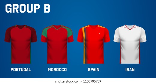 Set of national team jersey shirts for group B in a football tournament