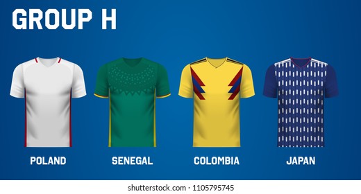 Set of national team jersey shirts for group H in a football tournament