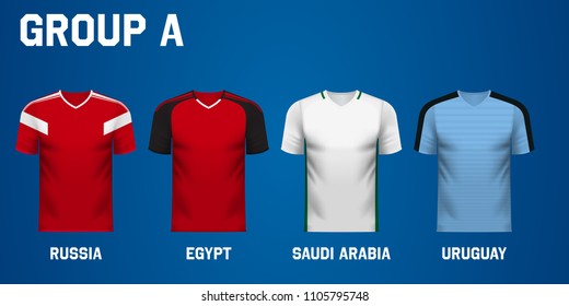 Set of national team jersey shirts for a group in a football tournament 