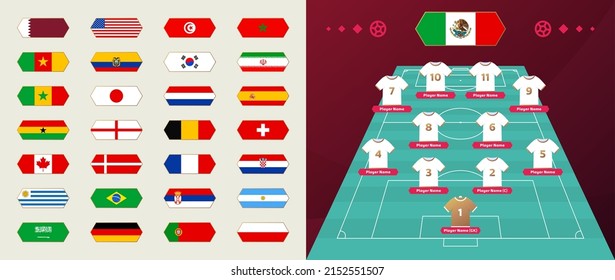 Set of national teams flag and line-up Qatar world Football 2022 tournament final stage vector illustration. Country team lineup table and Team Formation on Football Field. Vector country flags.