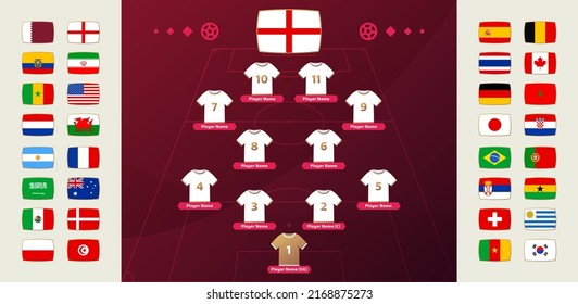 Set of national teams flag and line-up world Football 2022 tournament final stage vector illustration. Country team lineup table and Team Formation on Football Field. Vector country flags.