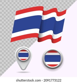 Set of national Thailand flag. 3D Thailand flag, map markers and emblem on transparent background vector illustration.