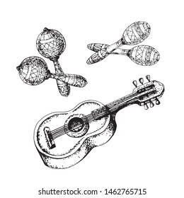 A set of national, traditional, Mexican musical instruments, maracas and guitar. Hand-drawn on paper, in the form of a black and white contour, on a white background, site design element, magazine,
