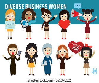 set nationality difference poses of business womenflat cartoon icon design.illustration isolated on white background.
