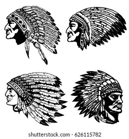 Set of native american heads in headdress. Design elements for label, emblem, sign, poster, t-shirt. Vector illustration