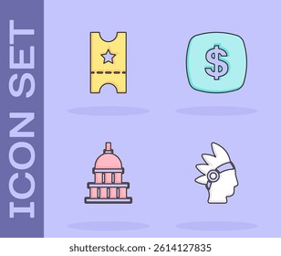 Set Native American Indian, Baseball ticket, White House and Dollar symbol icon. Vector