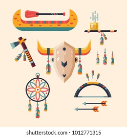 Set of Native American Indian designed elements: bow and arrow, tomahawk, axe, peace pipe, dream catcher, talisman bull or buffalo skull with horns. Vector flat illustration.