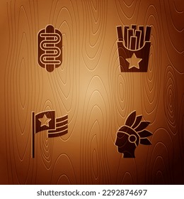 Set Native American Indian, Hotdog sandwich, flag and Potatoes french fries in box on wooden background. Vector