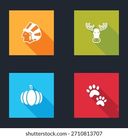 Conjunto indio nativo americano, cabeza de alce con cuernos, calabaza y icono de impresión de pata. Vector