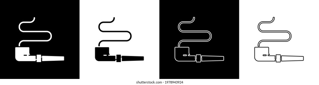 Setzen Sie eine Indianerpfeife für Indianerraucher, einzeln auf schwarz-weißem Hintergrund.  Vektorgrafik