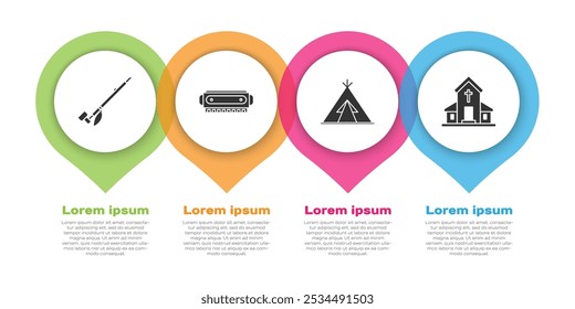 Definir cachimbo de fumaça indígena ameríndio, Harmonica, indiana teepee ou wigwam e edifício da Igreja. Modelo de infográfico comercial. Vetor